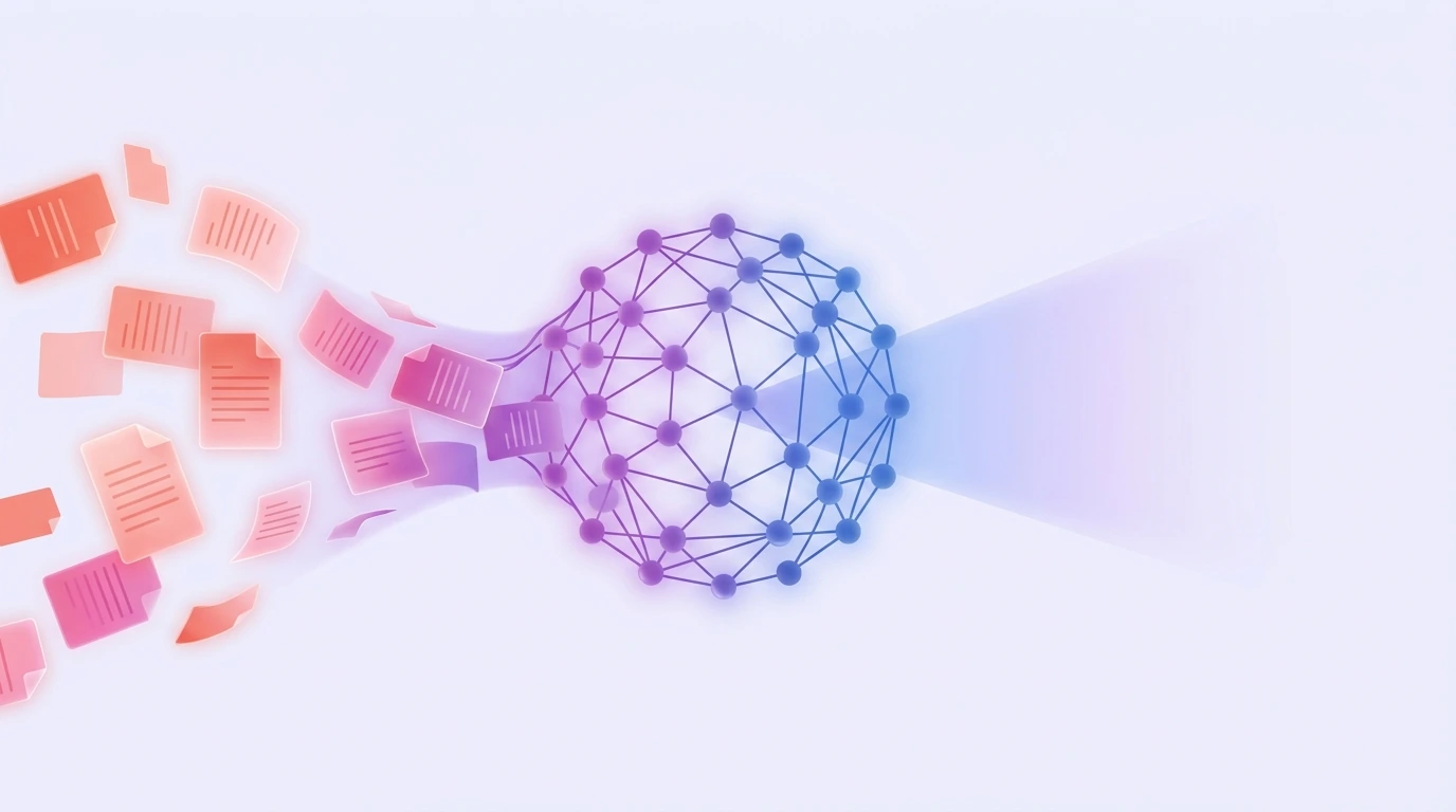 Abstract illustration of documents flowing into an AI network, representing Retrieval-Augmented Generation