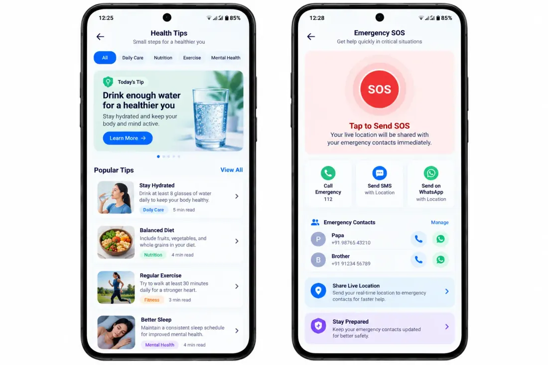 Instant Emergency SOS & Wellness Knowledge Feed